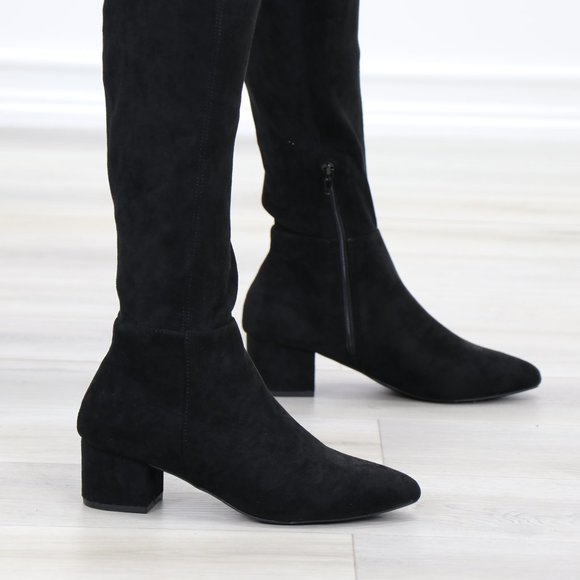 Pointy Toe Over The Knee Black Boots Faux Suede - Picture 14 of 16